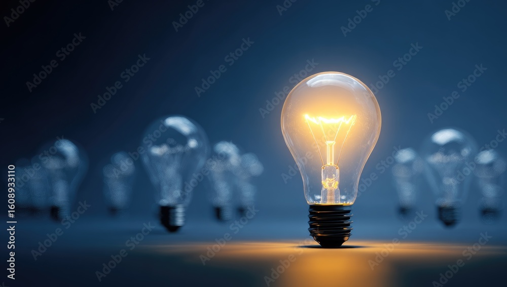 Glowing lightbulb amidst dark bulbs Glowing lightbulb amidst dark bulbs