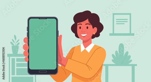 Smiling senior woman holding large smartphone with blank screen, perfect for app presentation or website mockup.