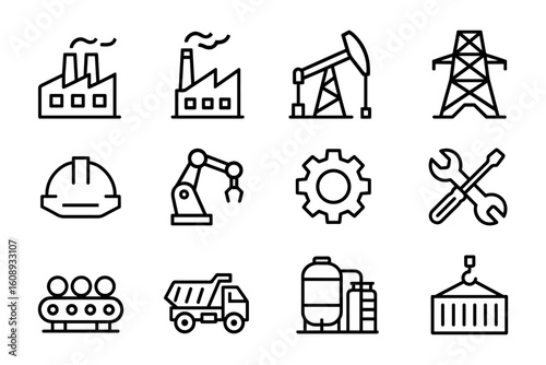 Industrial icons set featuring manufacturing and energy elements in linear style