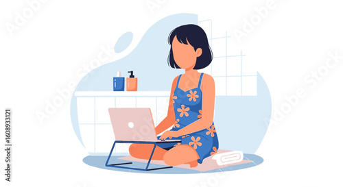 Woman working on laptop in bathroom, perfect for blog post about work-life balance or remote work.