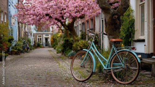 Charming Bicycle Resting on Cobbled Pathway Beneath a Lush Tree Creating a Peaceful Urban Scene