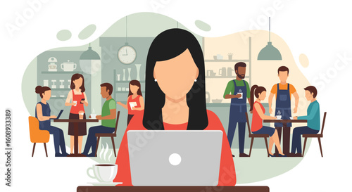 Woman working on laptop in a busy coffee shop, ideal for website banners or marketing materials.