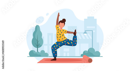 Woman doing yoga outdoors in the city. Perfect for websites, blogs, and social media posts about health, fitness, and wellness.