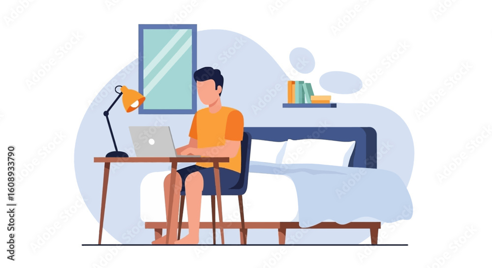 Fototapeta premium Man working on laptop from bed, illustration for work from home, remote work, or freelance concepts.
