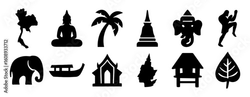 Silhouette icons of thai culture: landmarks, symbols, and traditions