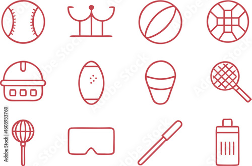 Collection of thin line icons representing various sports and activities equipment