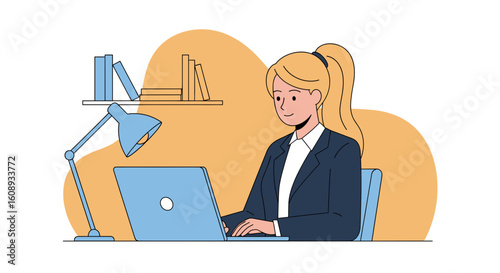 Young businesswoman working on laptop, perfect for website banners or business presentations.