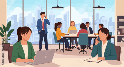 Diverse business team collaborating in a modern office, perfect for website banners or brochures.