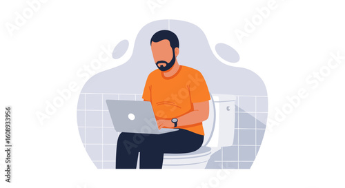 Man working on laptop while sitting on toilet -  illustration for articles about work-life balance or remote work challenges.