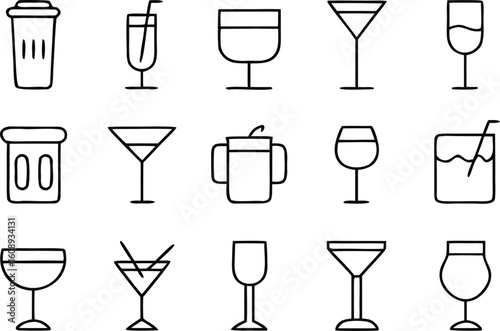 Collection of hand drawn outline icons representing various cocktail glasses and drinks