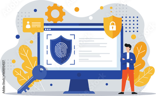 Cybersecurity concept, digital security, fingerprint scanning, online protection, data privacy, secure access, computer screen, encrypted information, technology flat vector illustration