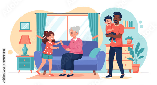 Happy multigenerational family at home, perfect for family,  grandparents, and childcare websites or brochures.