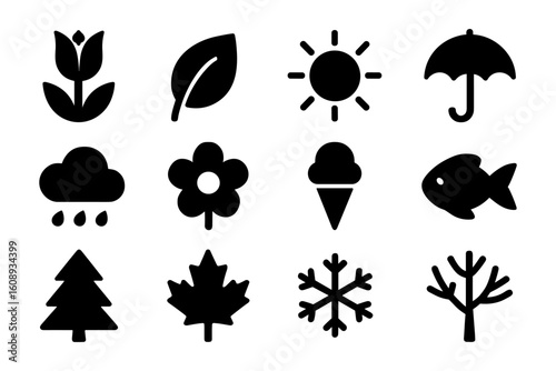 Silhouette icons representing four seasons and nature in bold design