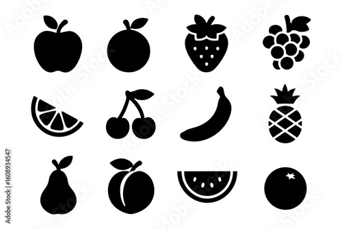 Black fruit icons set featuring diverse silhouettes of various fruits