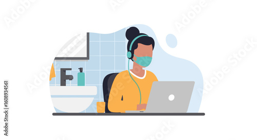 Woman wearing a face mask works from home on her laptop, perfect for illustrating remote work or telehealth.