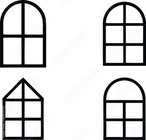 Four stylized architectural window designs with arched and peaked tops