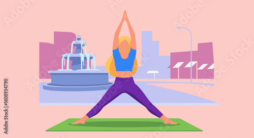 Woman doing yoga outdoors in the city, perfect for wellness websites or brochures.