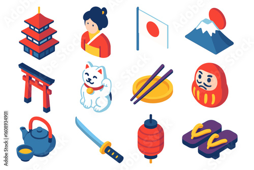 Traditional japanese icons set with pagoda, geisha, and mount fuji