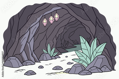 Enchanting cave entrance illuminated by crystal lights
