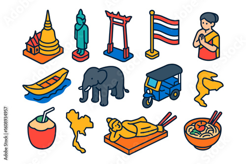 Thailand icons collection: traditional culture and landmarks in isometric design