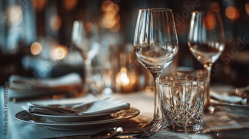 Close up elegant table setting with shallow depth of field wine glasses silverware upscale restaurant decor photography