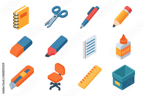 Colorful isometric school supplies set for back to school and office needs