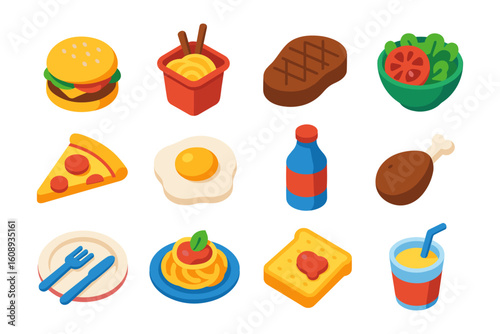 Colorful isometric icons of popular food and drinks with a modern design