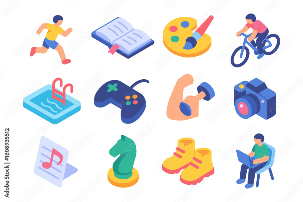 Fototapeta premium Colorful isometric icons for hobbies and activities