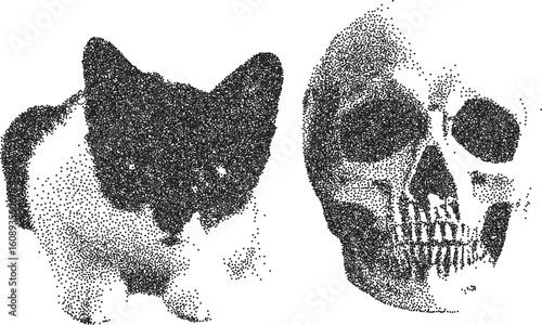 Skull vintage y2k stipple art, bones halftone stipple brutalist retro vector png with transparent background, macabre 2000s aesthetic photocopy effect tattoo