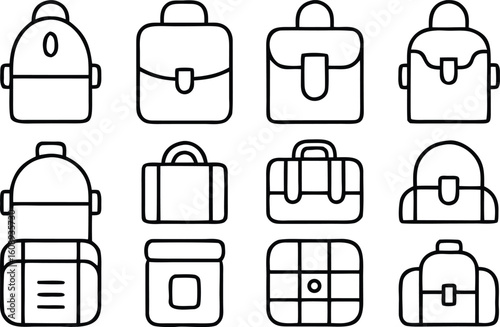 Collection of simple outline drawings of various bags and backpacks