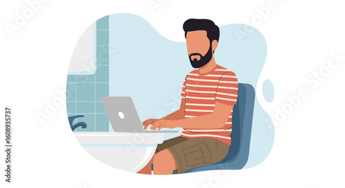 Man working on laptop in bathroom, perfect for illustrating remote work or flexible lifestyle.