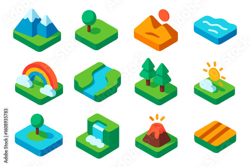 Isometric nature icons: mountains, waterfalls, volcanoes, and landscapes