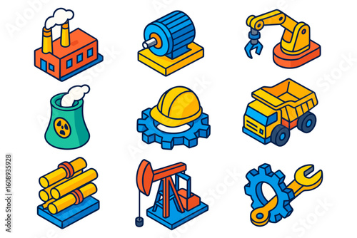 Isometric industrial icons: factory, machinery, energy, and construction set