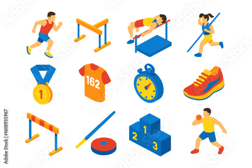 Isometric athletics icon set featuring track and field sports equipment and activities