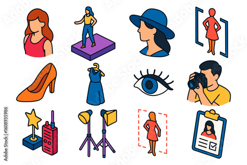 Fashion model and photography icons set in colorful style