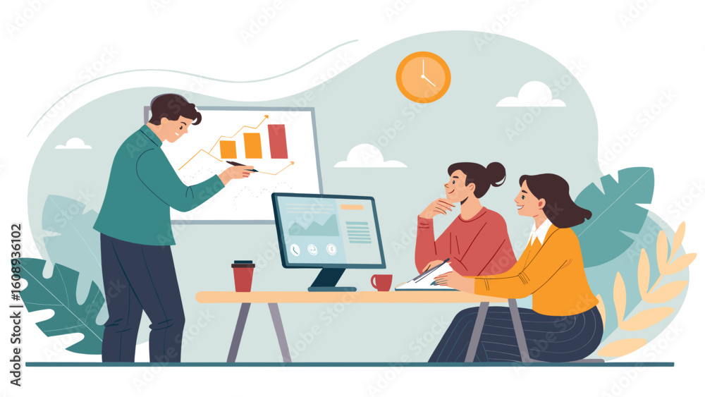 Fototapeta premium Business team meeting: presentation, analysis, and collaboration. Ideal for reports, websites, and marketing materials.