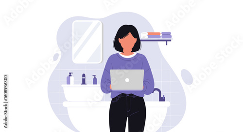 Woman working on laptop in bathroom - perfect for blog post about work-life balance or remote work.