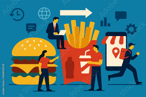 Fast food delivery and online ordering concept with burgers and fries in modern flat design