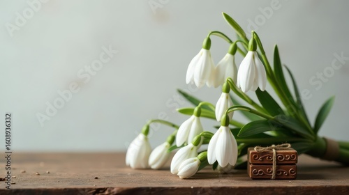 Delicate Snowdrop Bouquet Resting on Rustic Wooden Surface with Small Ornate Box