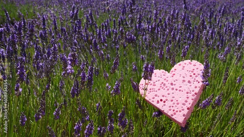 Lavender field and heart shaped pink sponge. Spa aromatherapy and cosmetology.