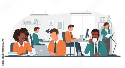 Diverse team of coworkers working in a modern office, ideal for website banners or company brochures.