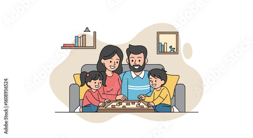 Happy family playing board game together at home, perfect for family blogs, websites, or brochures.