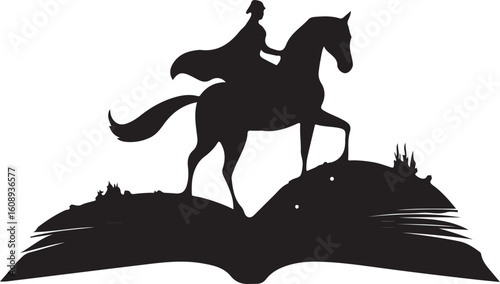 Silhouette of a rider on a horse emerging from an open book