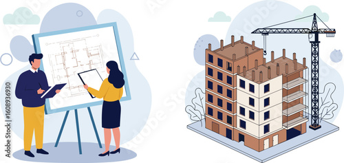 Dedicated architects and engineers reviewing blueprints for a new building, overseeing construction site progress, ensuring quality, and planning sustainable urban development and real estate 
