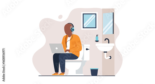 Man working on laptop in bathroom, perfect for illustrating work-life balance or remote work.