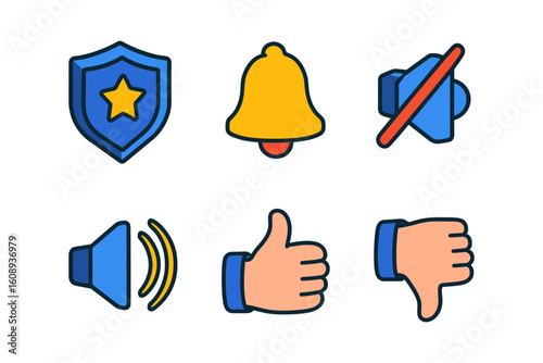Colorful icon set featuring security, notification, and sound symbols