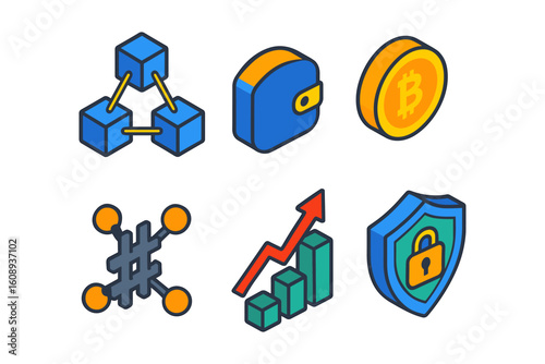 Modern isometric cryptocurrency and technology icons set