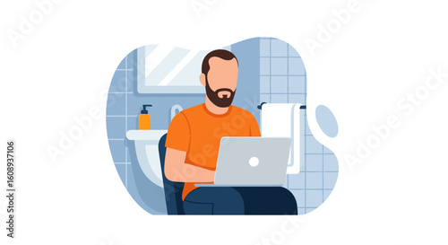 Man working on laptop in bathroom - illustration for blog, website or article about work-life balance.