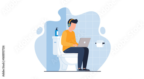 Man working on laptop while sitting on toilet - humorous illustration for blog, website, or social media.