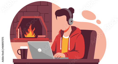 Person working on laptop by fireplace, cozy winter work from home scene, ideal for blogs and websites.